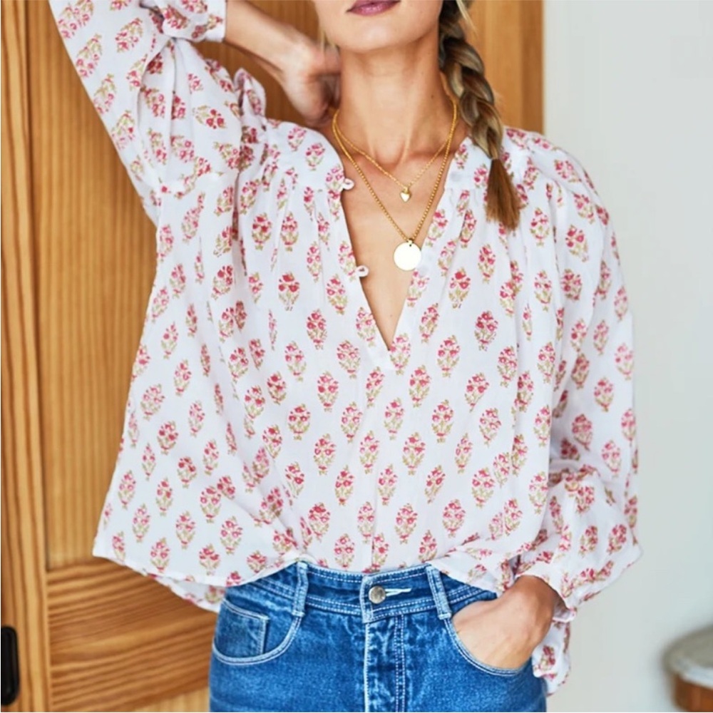 Emerson Fry White and Pink Floral Blouse